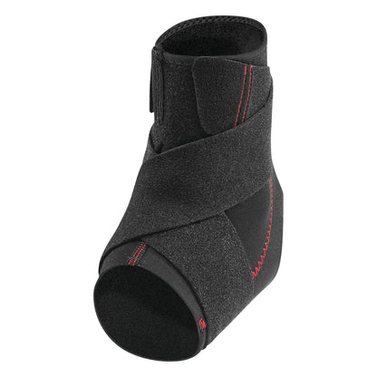 The Mueller Adjustable Ankle Support is a black, neoprene brace with red stitching and adjustable wrap-around straps for support.