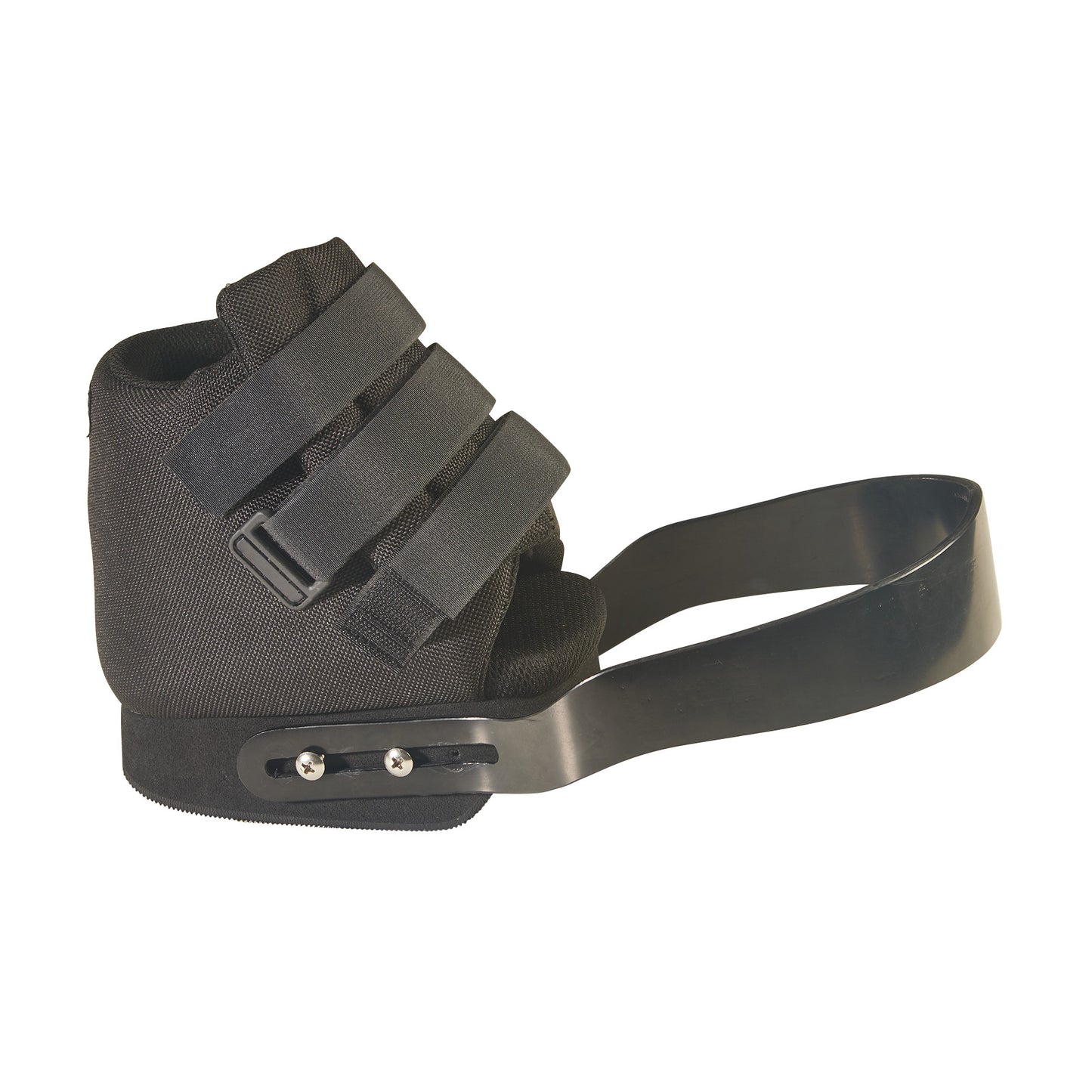 AliMed Open Forefoot Orthosis in black with three straps and a curved support base. Designed for foot stability and protection.