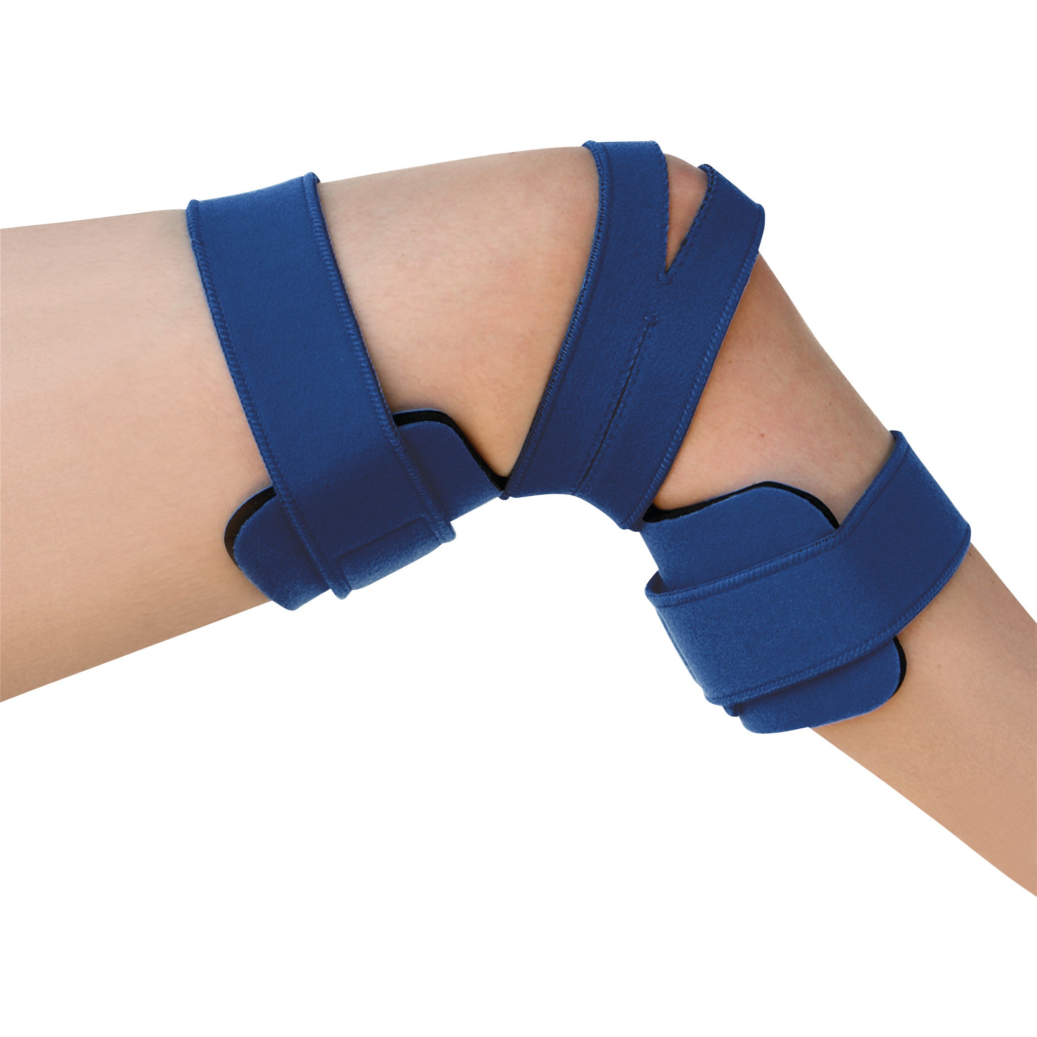 A leg is wearing a Comfy Splints Pediatric Goniometer Knee Orthosis, featuring adjustable blue straps around the knee.