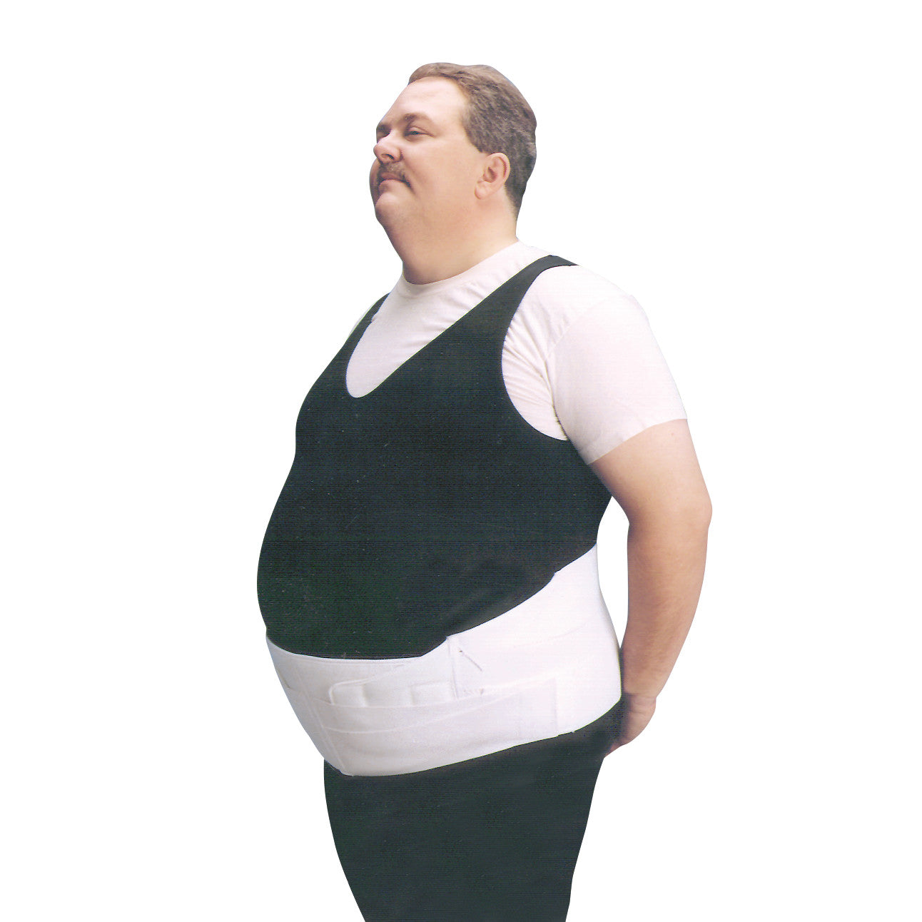 A man wears a Support Plus Obesity Belt, featuring a black vest and white abdominal band, over a white t-shirt, side view.