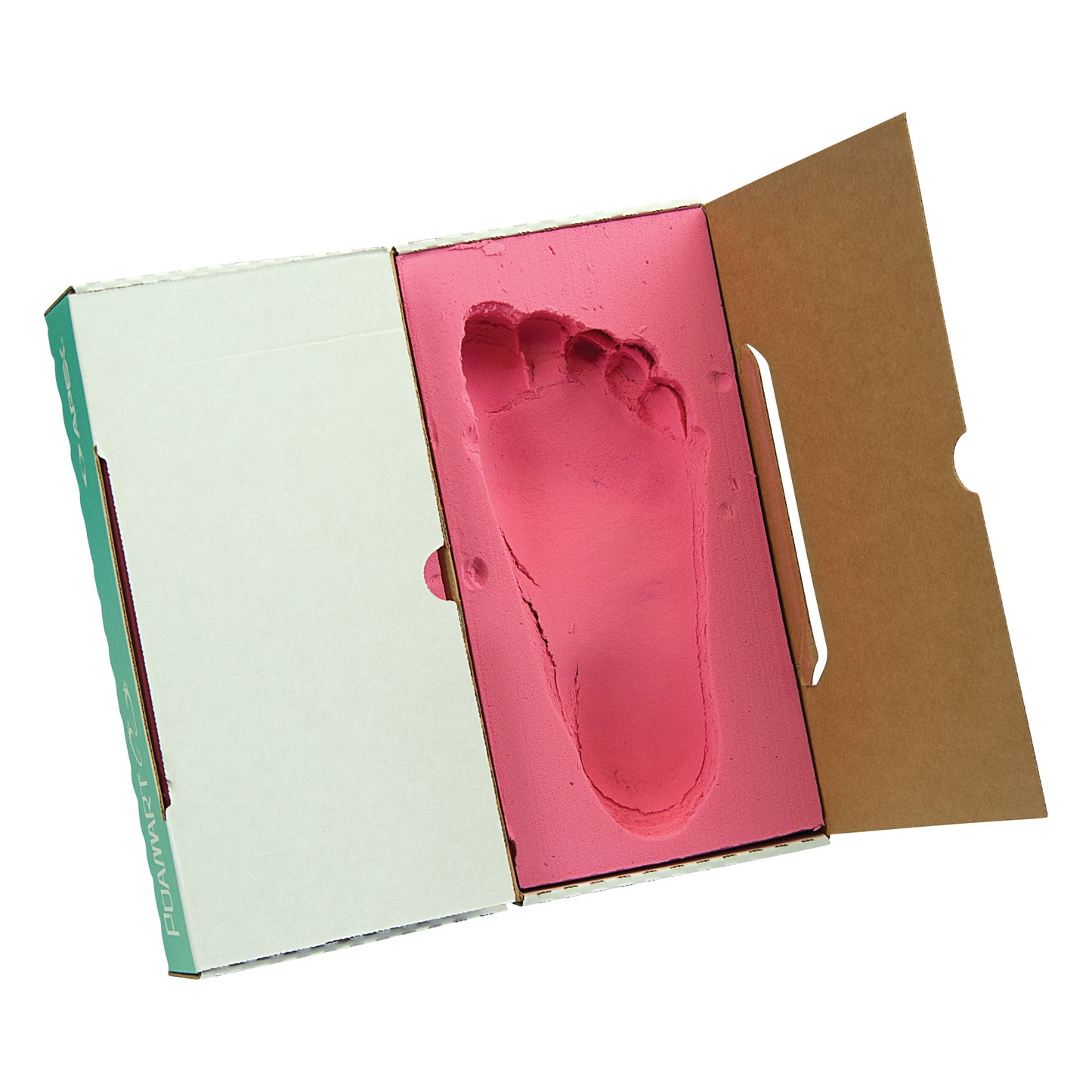 FoamArt Foot Impression Foam shows a pink foam footprint in an open cardboard box for accurately capturing foot impressions.