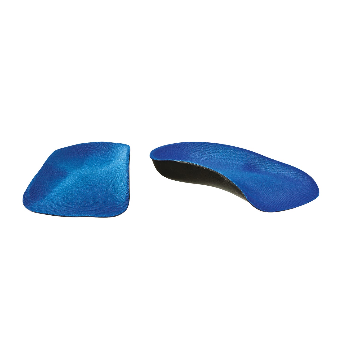 Blue AliMed FREEDOM Accommodator Half Sole Orthotic insoles shown from top and side views on a white background.