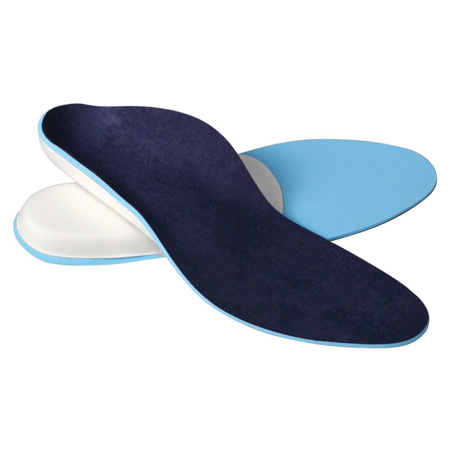 AliMed BFO Full-Length Cushioned Insoles, featuring a blue top surface with white and light blue layers, are shown overlapping.