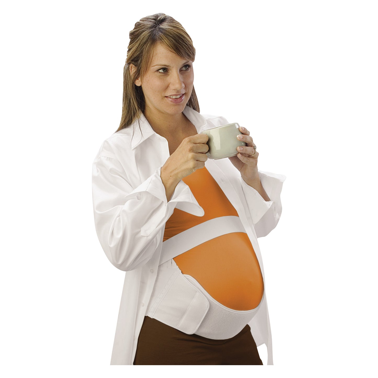 A woman wears the Mother-To-Be Moldable Back and Abdominal Support, featuring an orange and white design, while holding a mug.