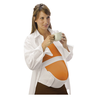 A woman wearing a Mother-To-Be Moldable Back and Abdominal Support, holding a mug, smiles. The support is white and orange.