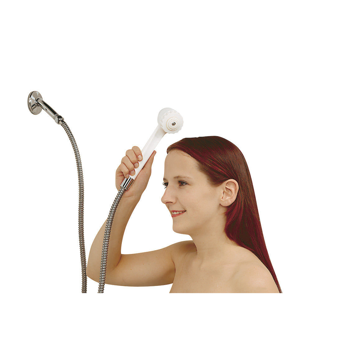 A person uses the Drive Medical Deluxe Handheld Shower Spray, holding it above their head with extended hose visible.