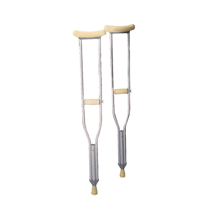 Two silver Drive Medical Axillary Crutches with beige armpit and hand grips are shown, designed for mobility support.