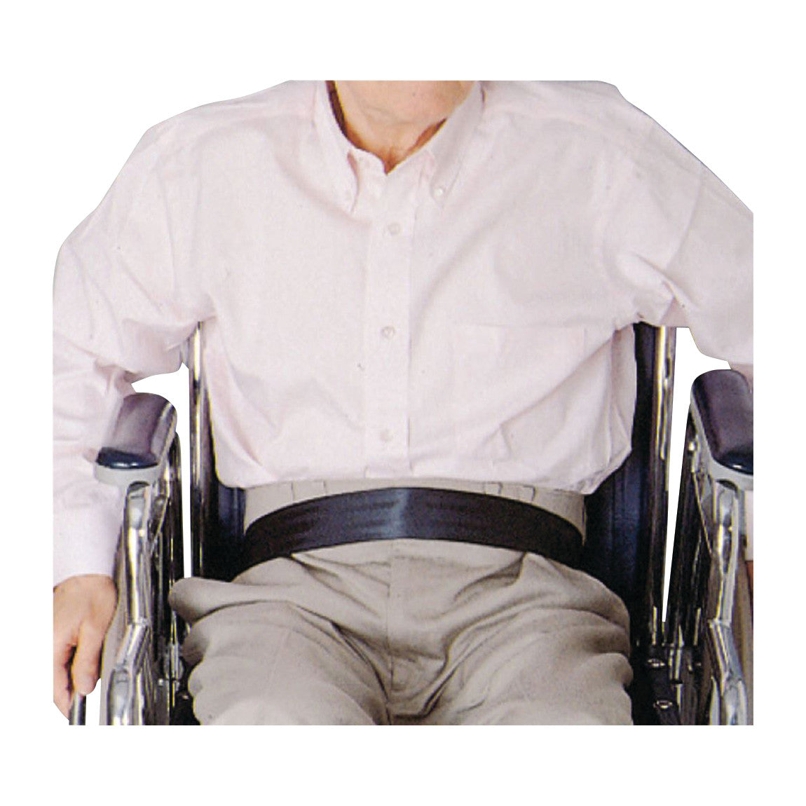 A person in a wheelchair uses the SkiL-Care Econo-Belt Wheelchair Restraint, securing them around the waist.