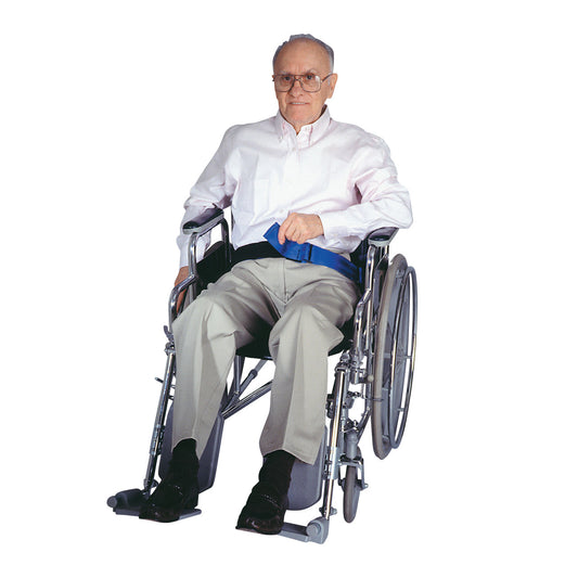 An elderly man sits in a wheelchair wearing the SkiL-Care Resident-Release Nylon Wheelchair Belt, which is blue.