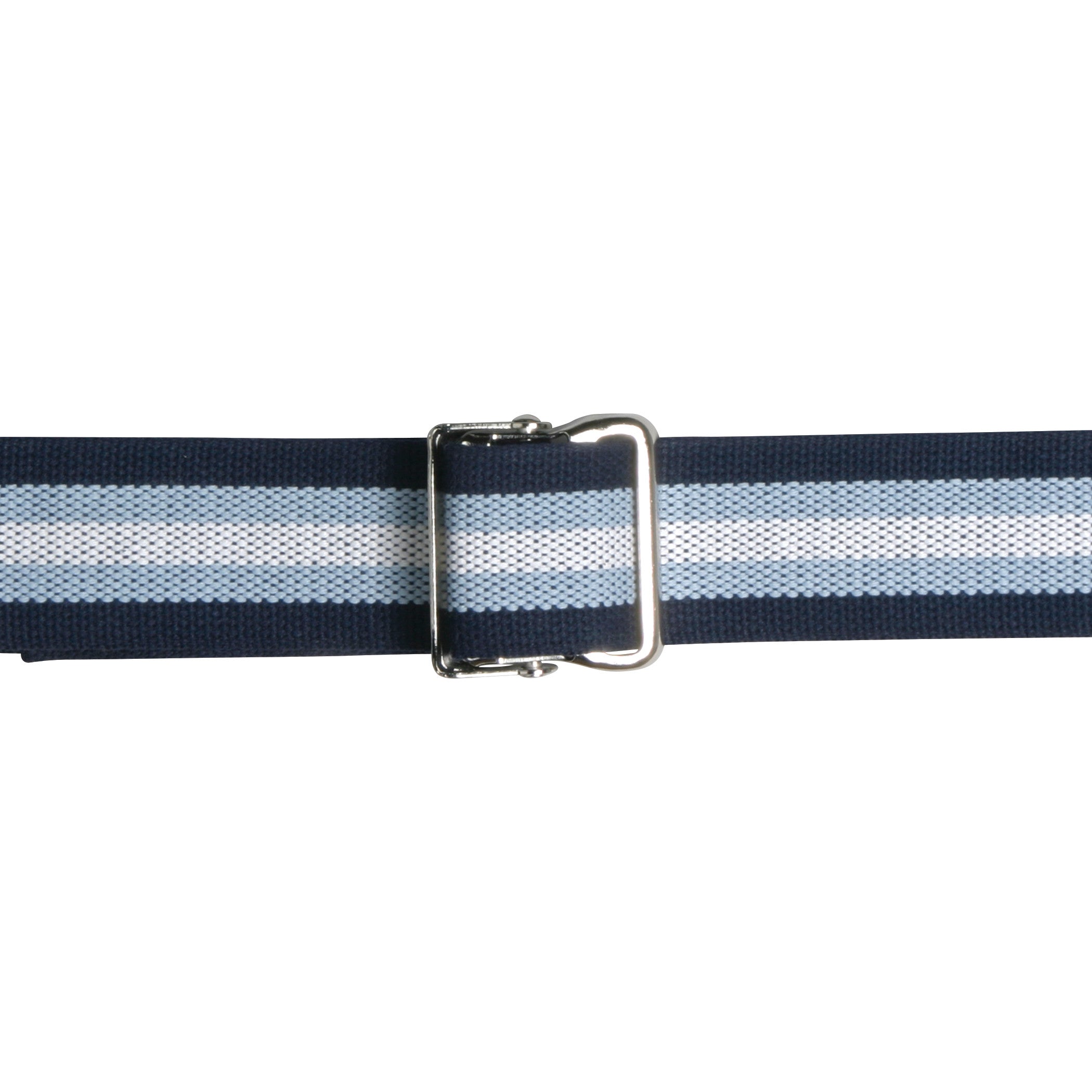 The AliMed Antimicrobial-Treated Gait Belt features blue and white stripes with a metal buckle for secure fastening.
