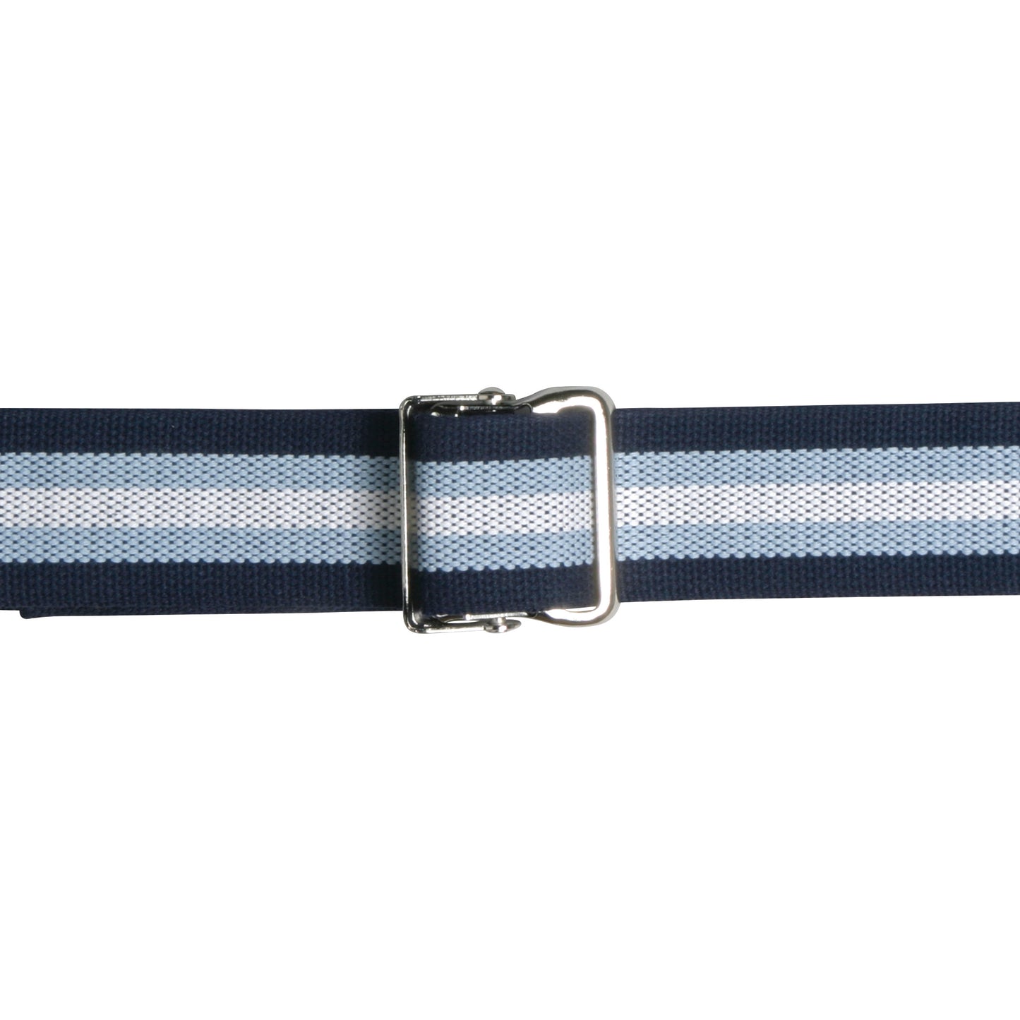 The AliMed Antimicrobial-Treated Gait Belt features blue and white stripes with a metal buckle for secure fastening.
