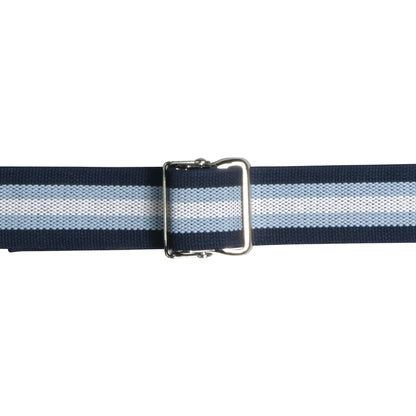 The AliMed Antimicrobial-Treated Gait Belt features blue and white stripes with a metal buckle for secure fastening.