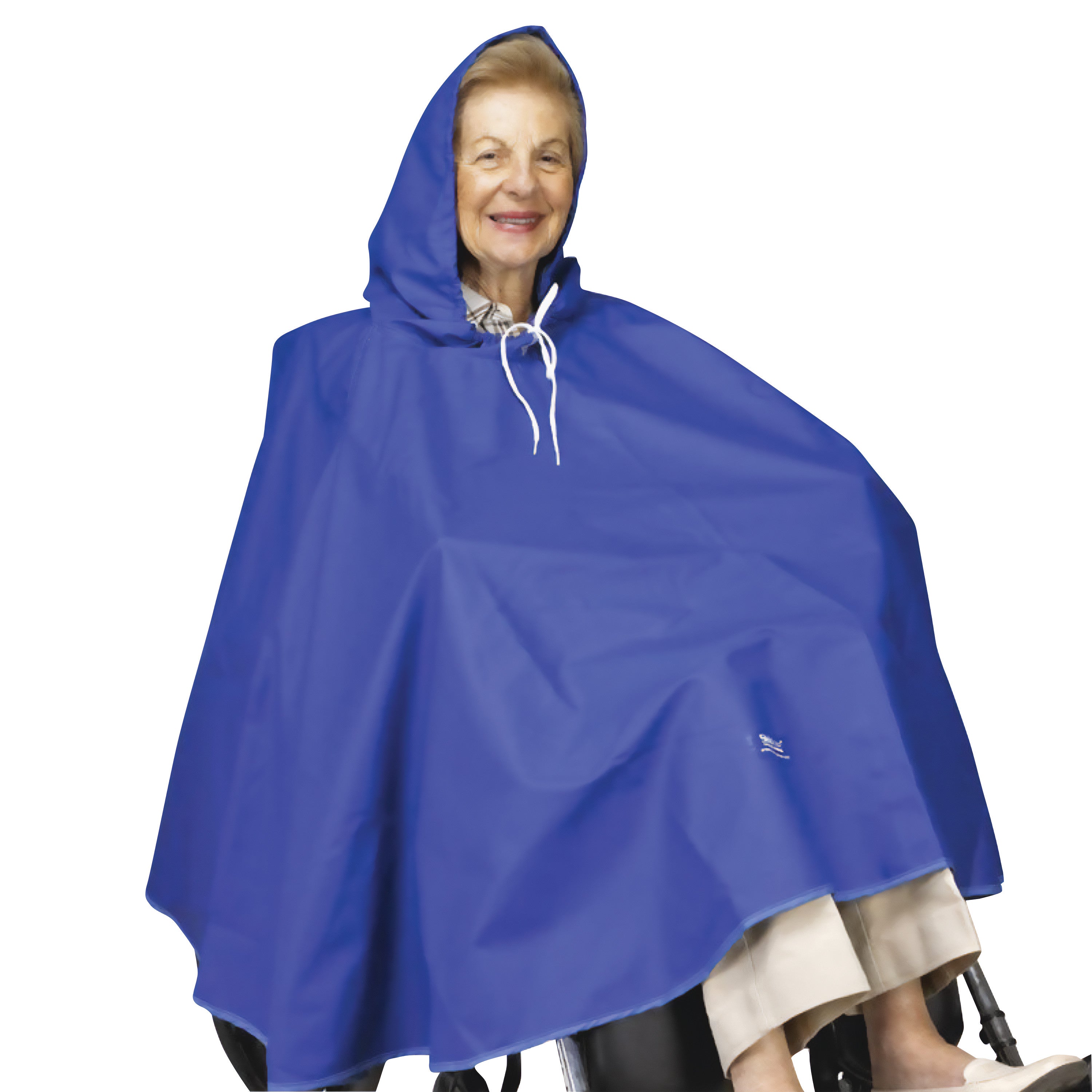 An elderly person wears a blue SkiL-Care Rain Cape with a hood. The rain cape includes a tie neck and covers the wheelchair.