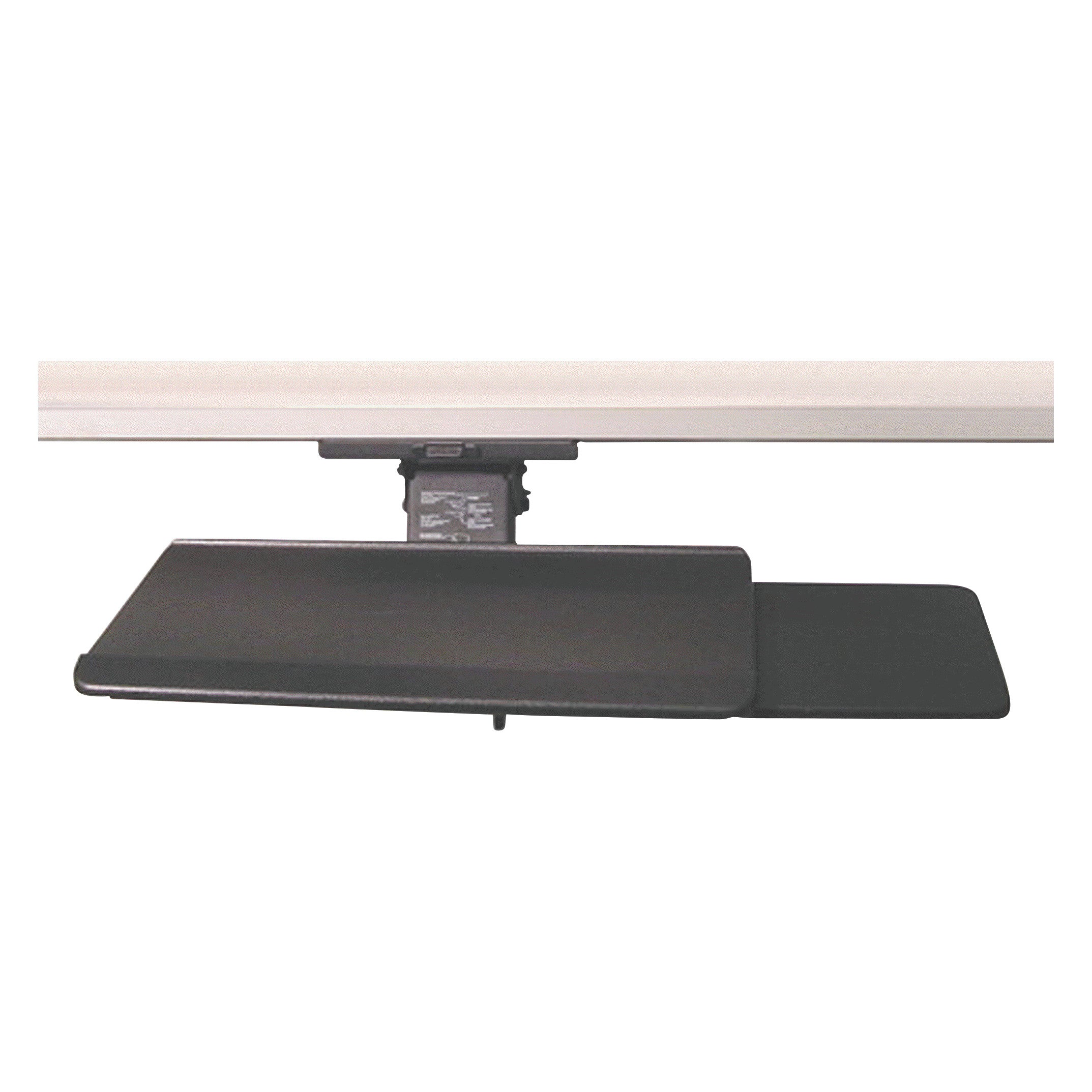 Retractable Keyboard Tray with Sliding Mouse Pad, featuring a sleek black design mounted under a white desk.
