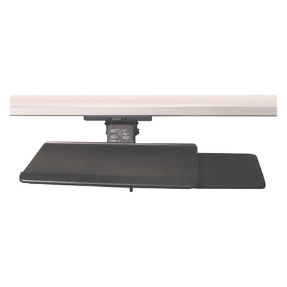 Retractable Keyboard Tray with Sliding Mouse Pad, featuring a sleek black design mounted under a white desk.