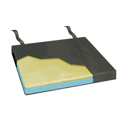 The AliMed T-Gel Plus WBV Cushion features a foam interior with visible blue and yellow layers and a black cover.