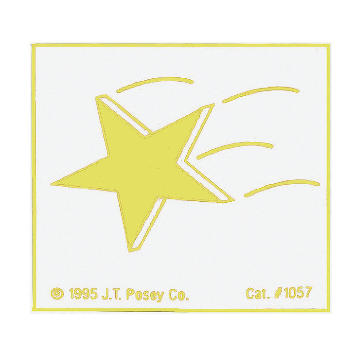 A yellow Posey Falling Star Magnet with a star and trailing lines. Text shows � 1995 J.T. Posey Co., Cat. #1057.