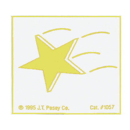 A yellow Posey Falling Star Magnet with a star and trailing lines. Text shows � 1995 J.T. Posey Co., Cat. #1057.