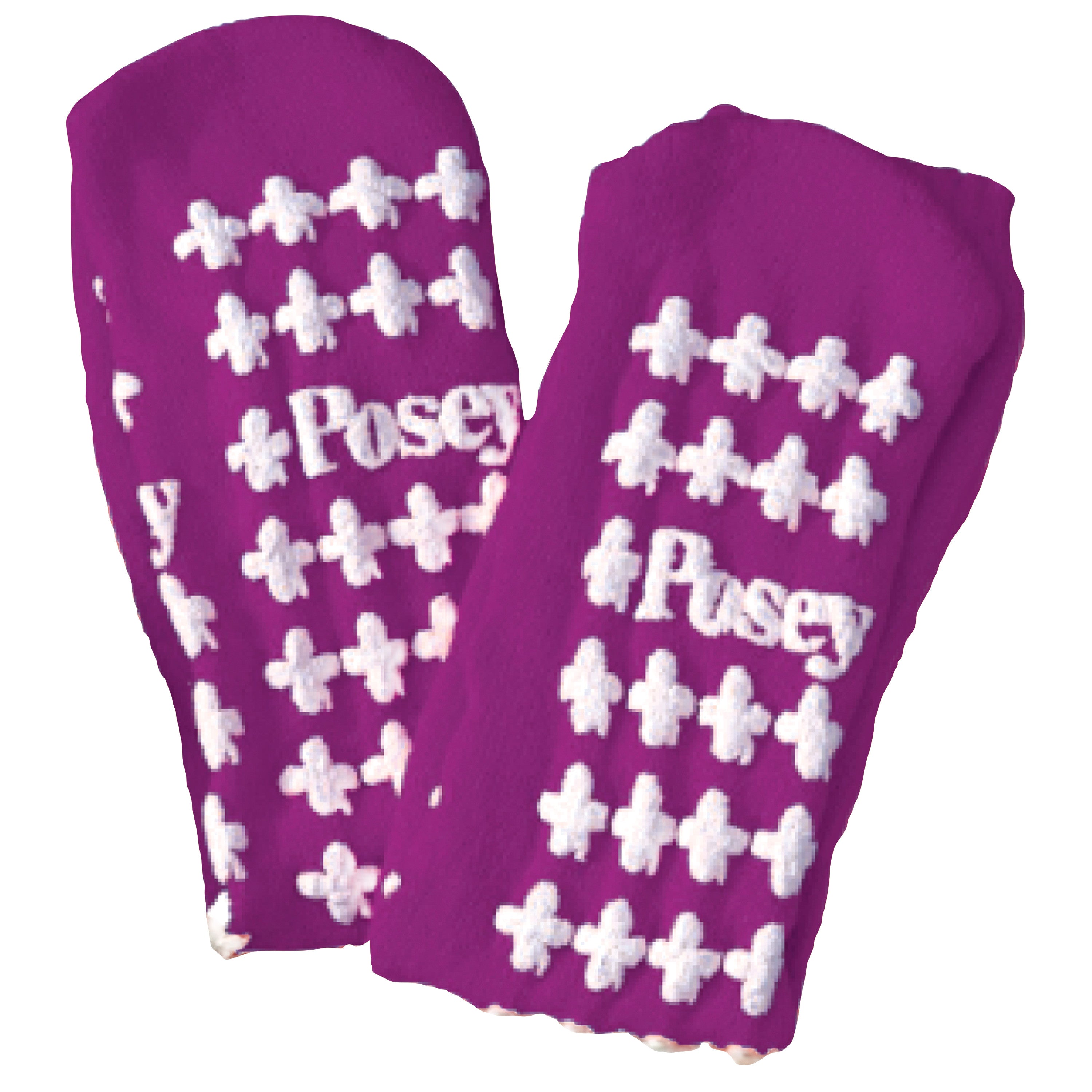 Purple Posey Fall Management Socks with white grip patterns and the name "Posey" printed on the sole.