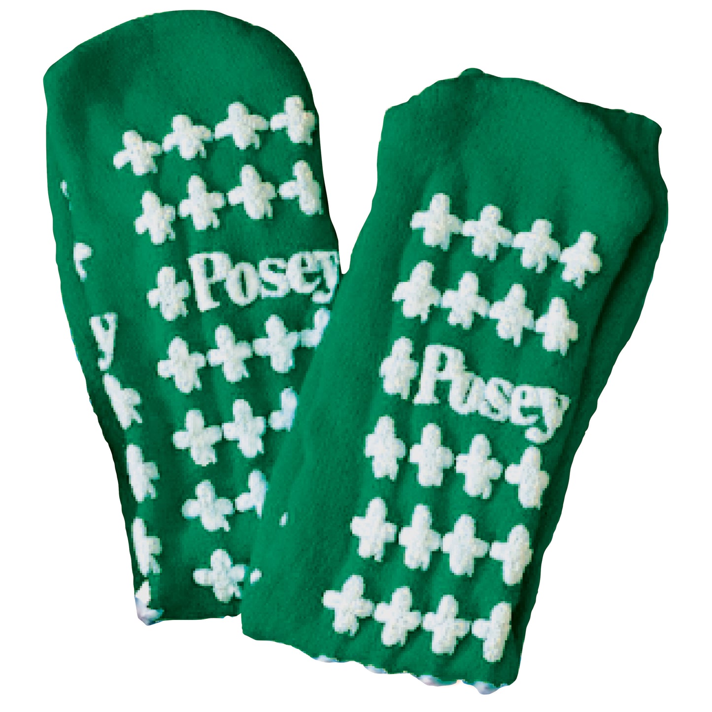 Green Posey Fall Management Socks with white non-slip patterns and the word "Posey" printed on them.