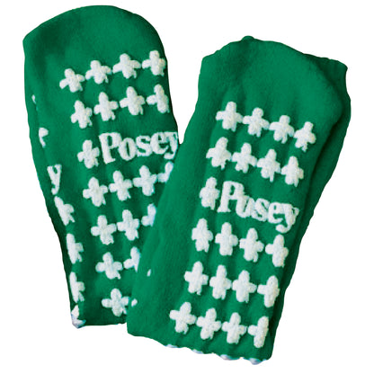 Green Posey Fall Management Socks with white non-slip patterns and the word "Posey" printed on them.