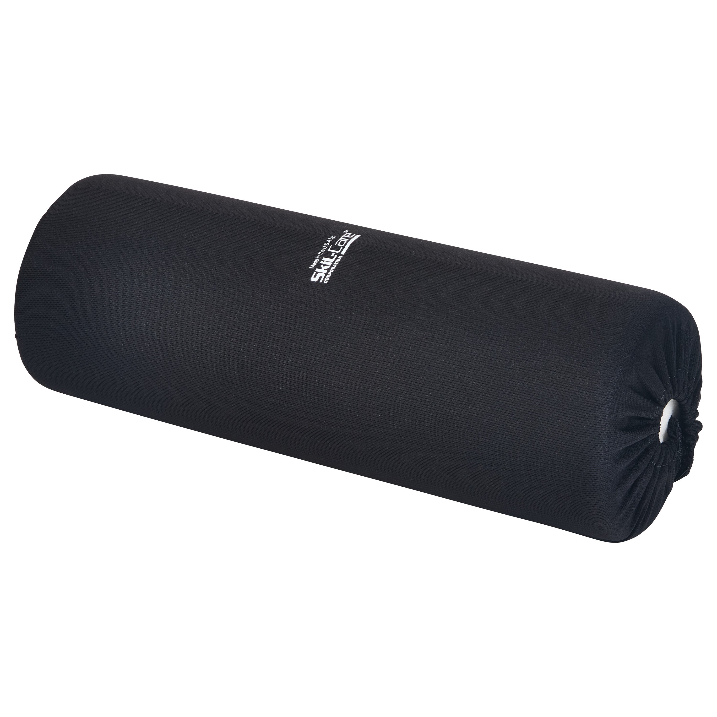 A black SkiL-Care Lateral Stabilizer Full-Arm Armrest Bolster shaped like a cylinder, featuring a textured fabric surface.