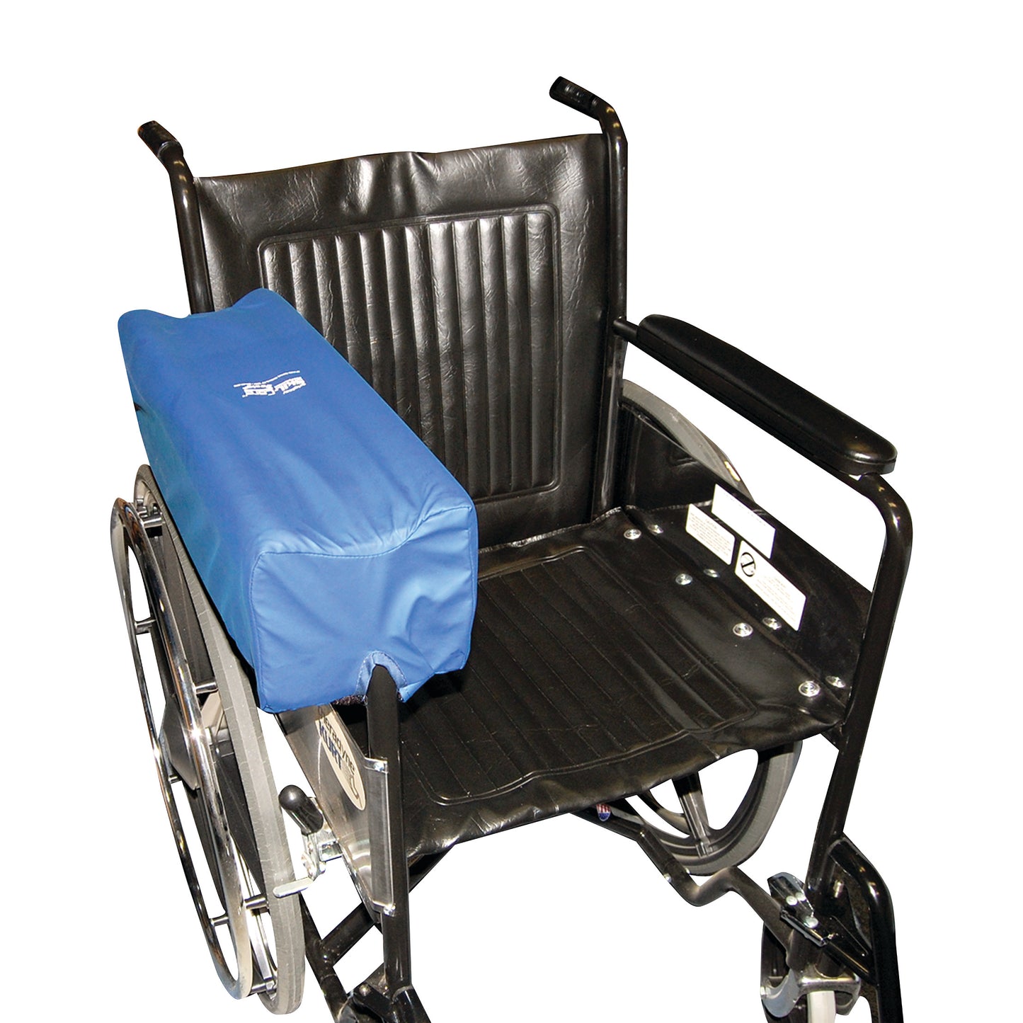 A wheelchair with a SkiL-Care Lateral Stabilizer Arm Trough covered in blue fabric, providing arm support on the left side.