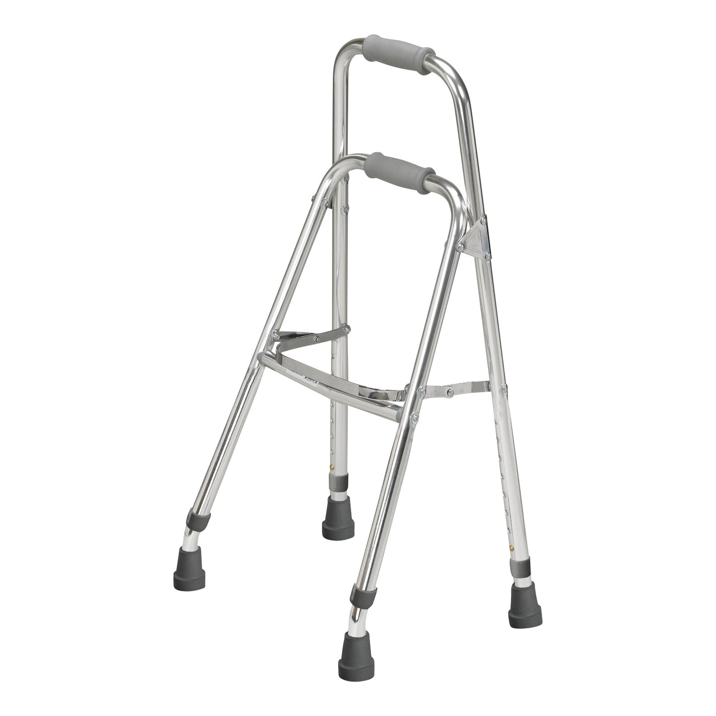 The Drive Medical Side Walker is a silver, four-legged walking aid with gray padded grips and rubber-tipped feet.