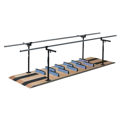 Hausmann Ambulation/Mobility Parallel Bars on a wooden base with alternating height steps and adjustable metal side rails.