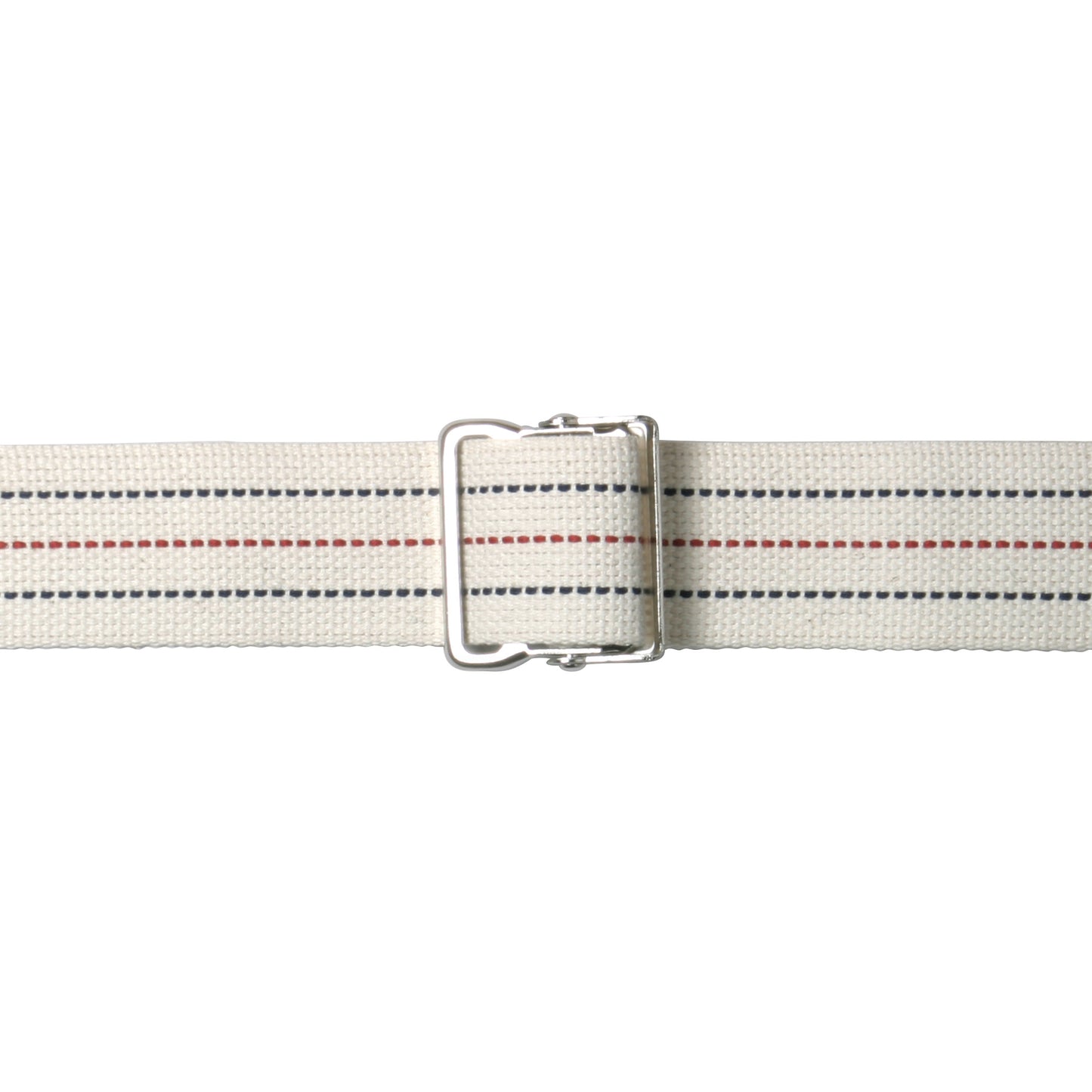 AliMed Gait Belt with metal buckle features a white strap and blue and red dashed lines for design.