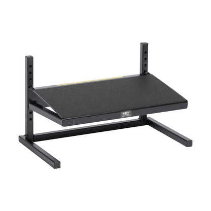 Black BioFit ESD Factory Footrest with adjustable height and textured surface, supported by a metal frame and level feet.