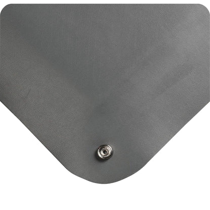 Close-up of the Wearwell ESD Anti-Fatigue Mat, showing a gray textured surface with a rounded corner and a metal snap button.