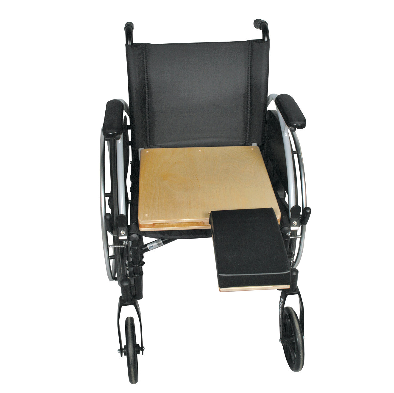 A wheelchair features the AliMed Unpadded Amputee Support Surface with Cushioned Stump Support, providing stability and comfort.