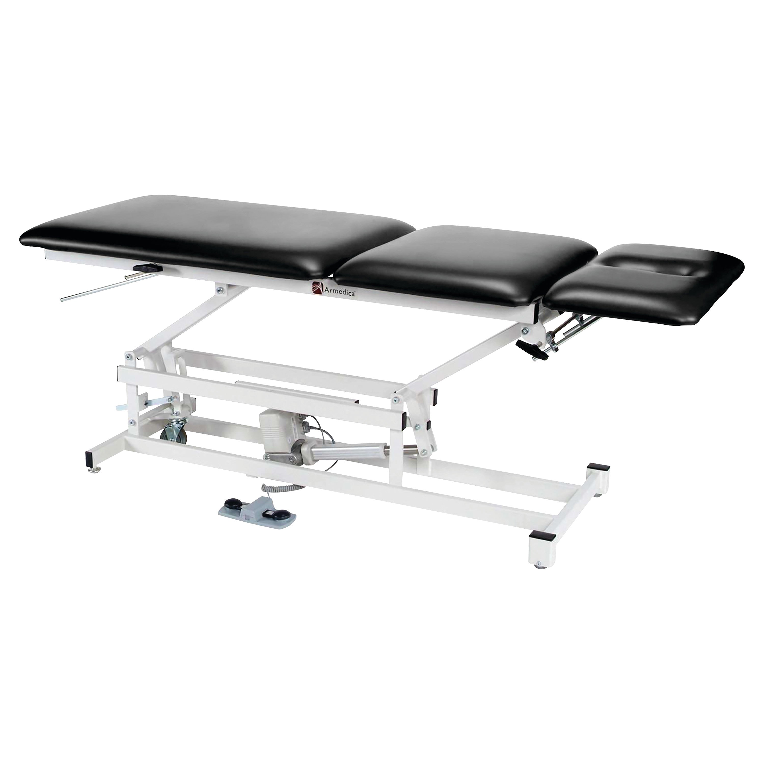 A black Armedica AM-350 Treatment Table with an adjustable design and a white metal frame, featuring a three-section top.