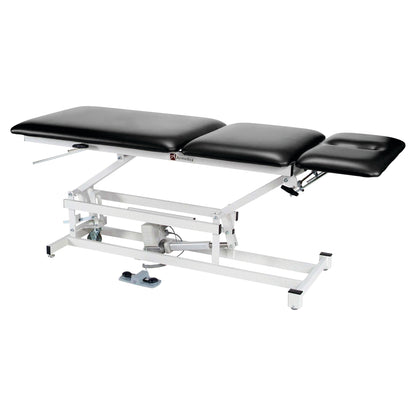 A black Armedica AM-350 Treatment Table with an adjustable design and a white metal frame, featuring a three-section top.