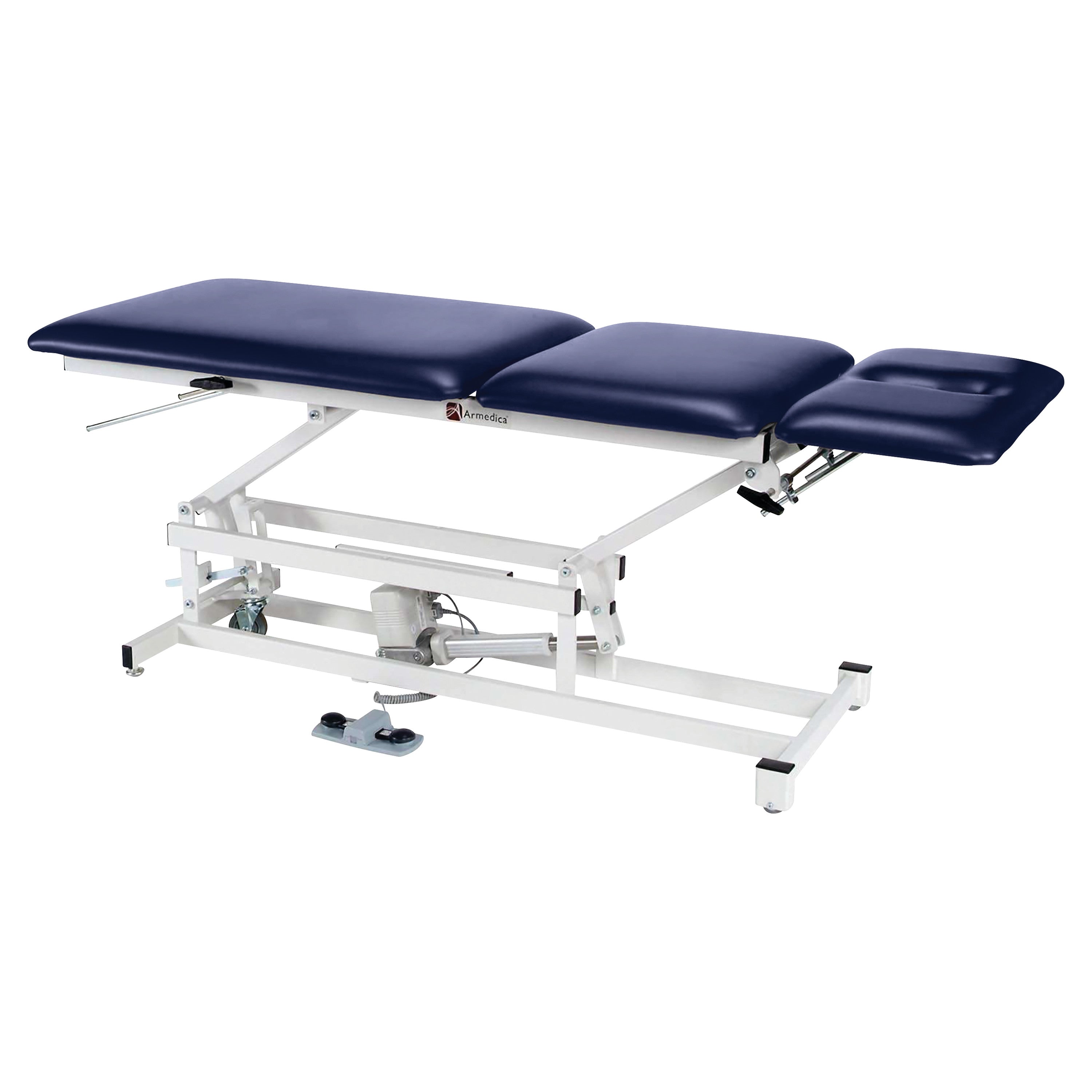 The Armedica AM-350 Treatment Table features an adjustable height design with a blue cushioned surface and white frame.