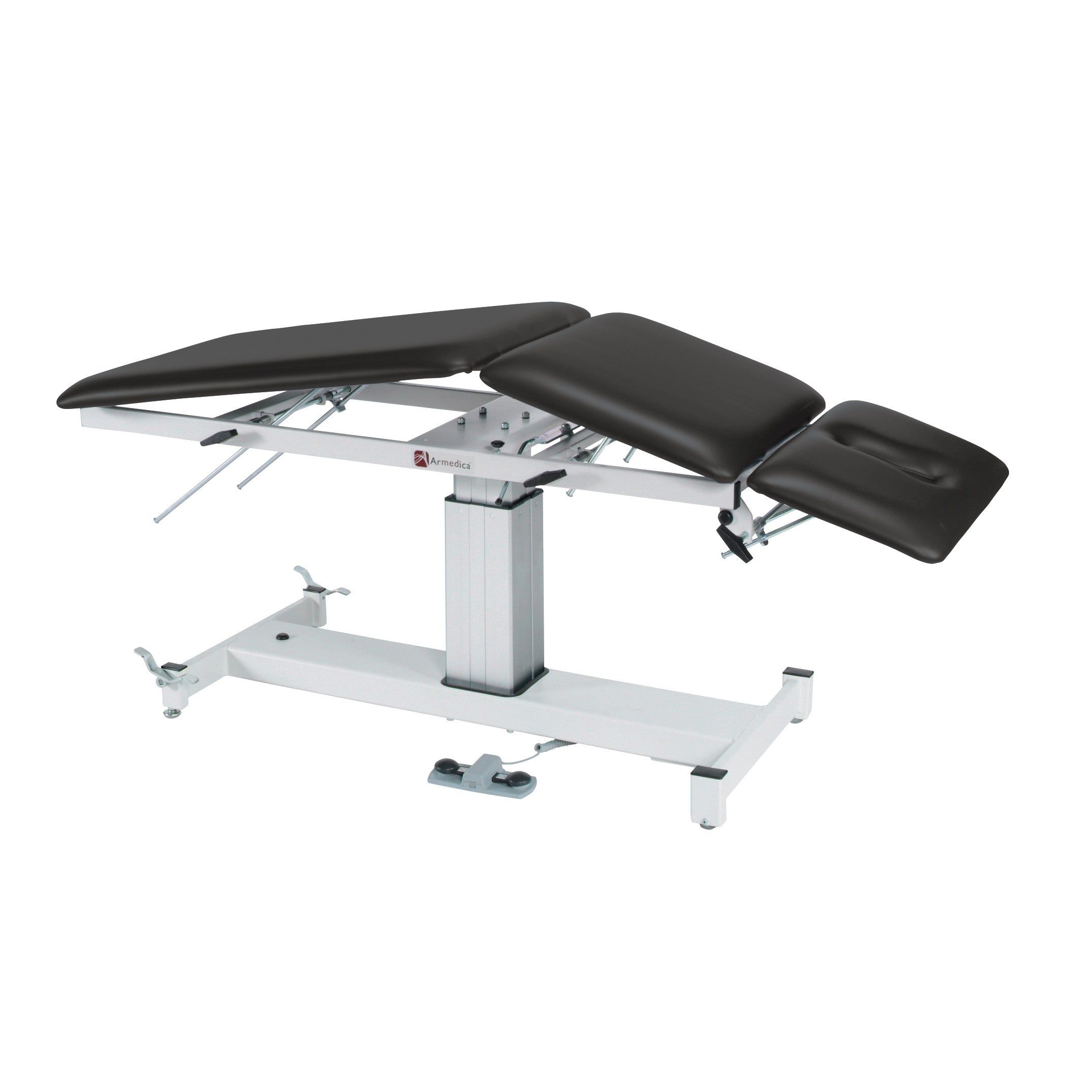 The Armedica AM-SP300 Treatment Table features an adjustable, cushioned surface with a sturdy metal base and multiple sections.