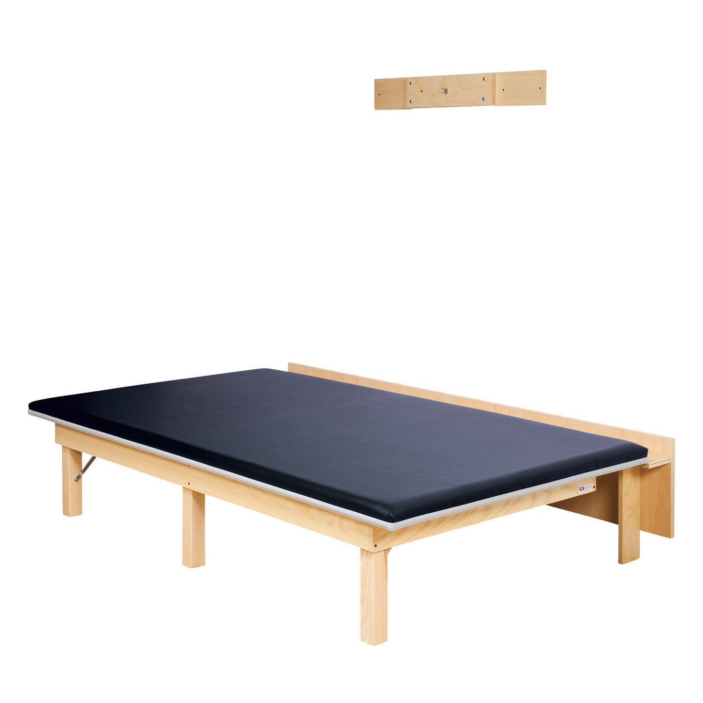 A wooden Clinton Wall-Mounted Upholstered Mat Platform with a black mat and wall mount, designed for therapeutic use.
