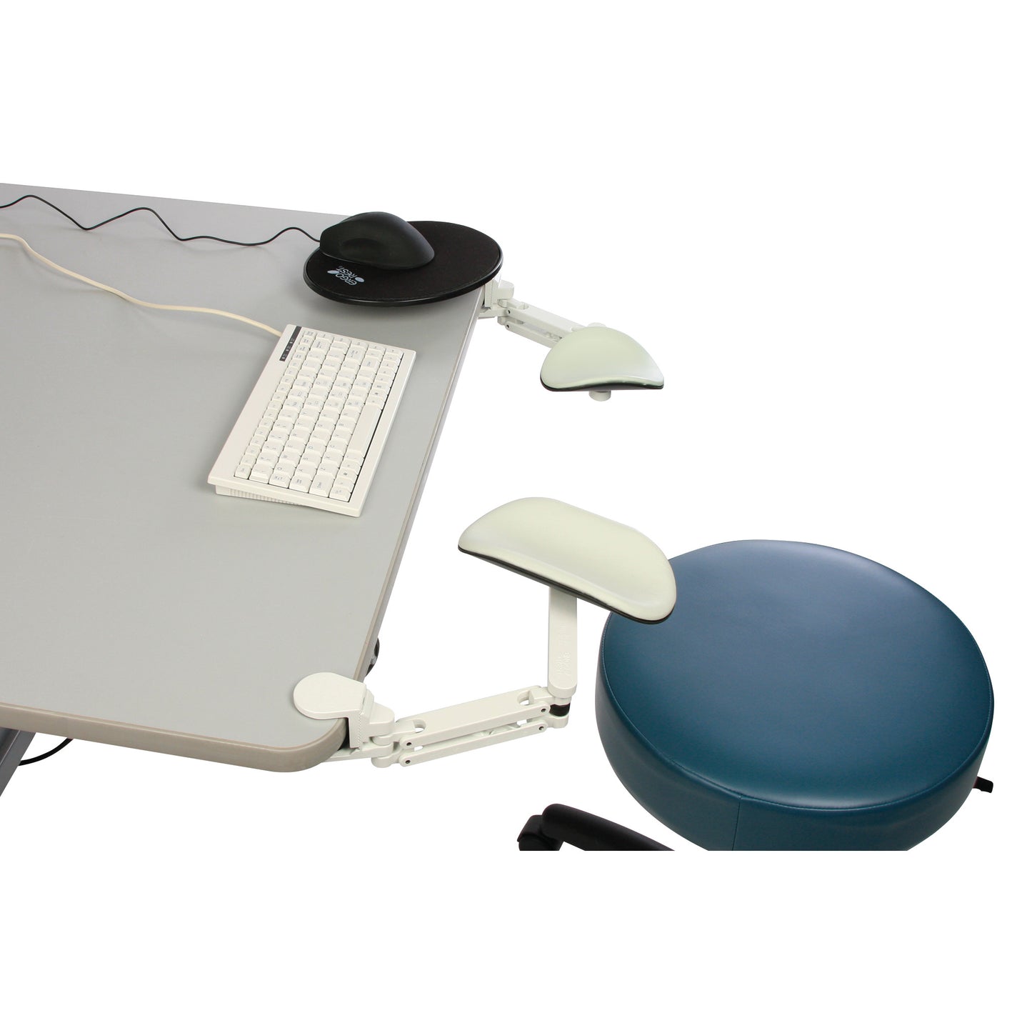 ErgoRest Extended Height Articulating Forearm Support attached to a desk, with a keyboard, mouse, and a blue round seat nearby.