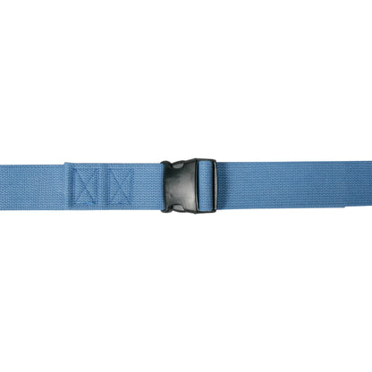 Blue AliMed Single-Patient-Use Gait Belt with a black plastic buckle, designed for secure mobility assistance.