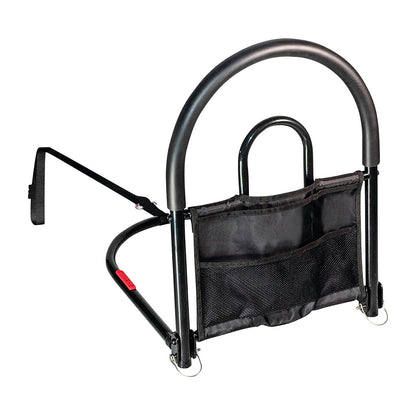 The Bed Rail Advantage Traveler features a black metal frame with a U-shaped top handle and an attached storage pouch.