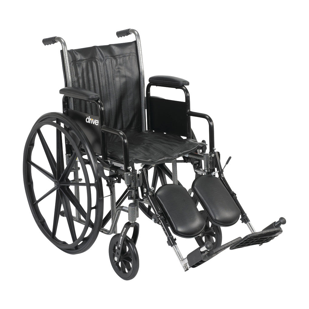 Drive Medical Silver Sport 2 Wheelchair with removable desk arms and elevating leg rests, featuring large rear wheels.