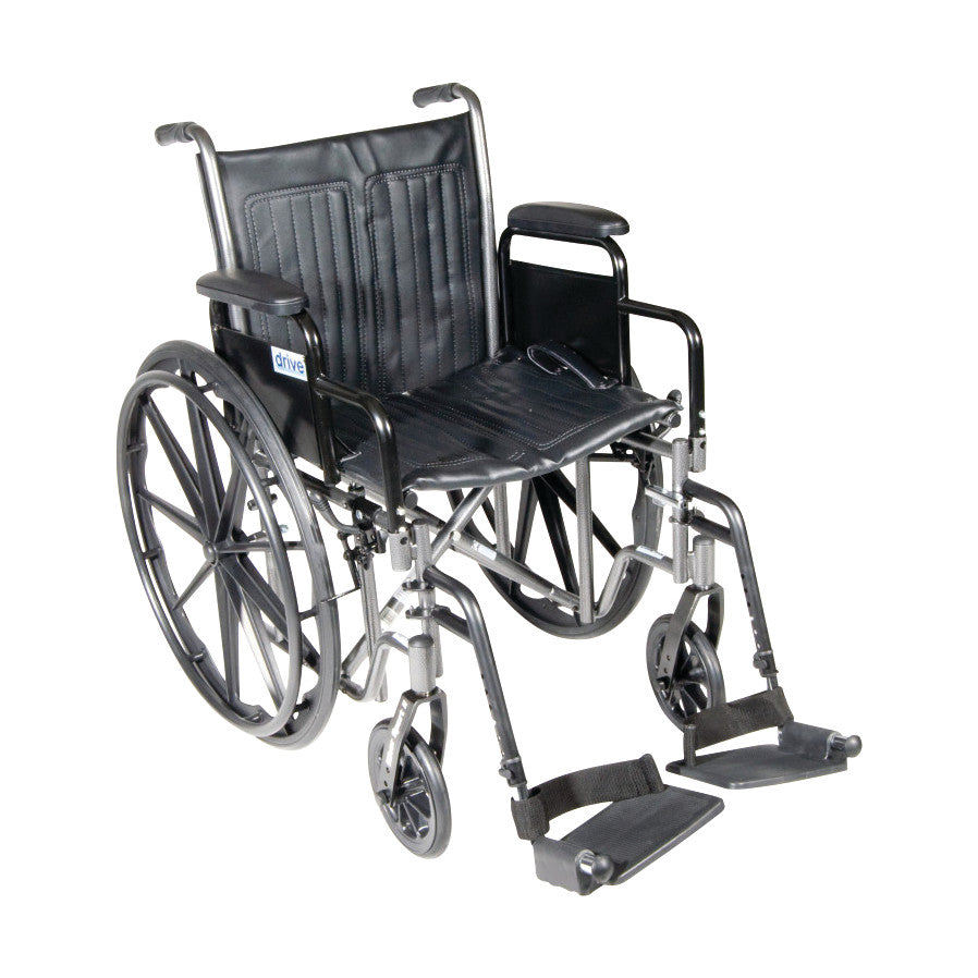 The Drive Medical Silver Sport 2 Wheelchair features removable desk arms and swing-away footrests, with a black seat and backrest.