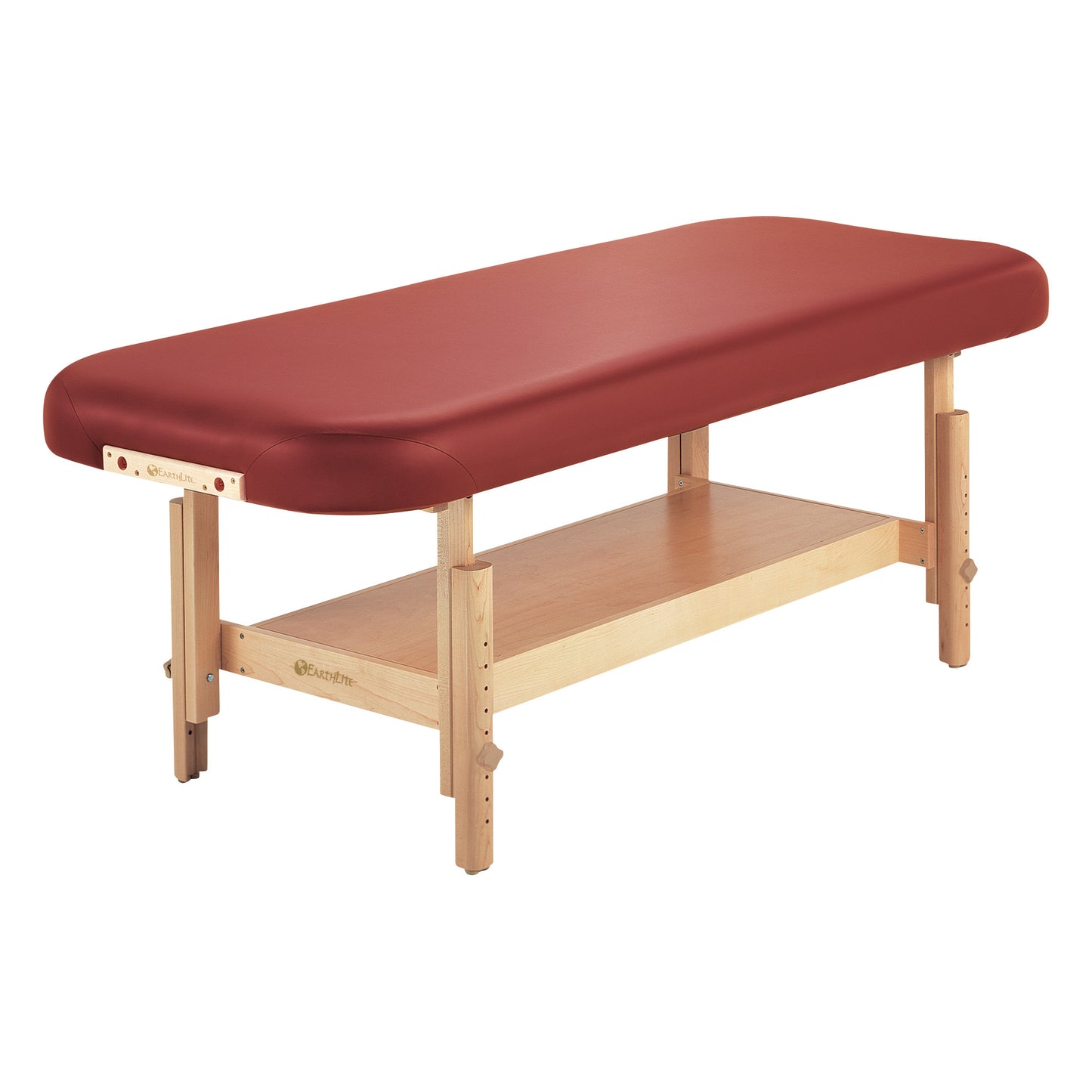 The EarthLite Sedona Flat Stationary Massage Table features a burgundy cushioned top and a wooden frame with a shelf underneath.