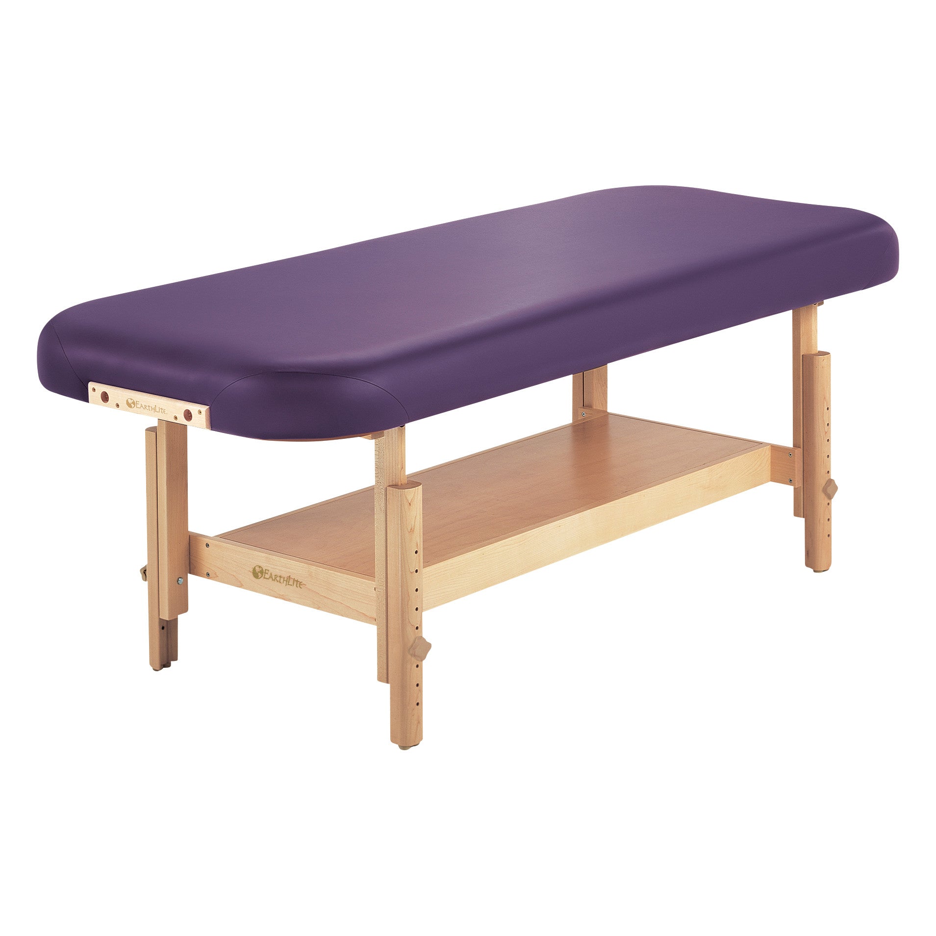 A purple EarthLite Sedona Flat Stationary Massage Table with wooden legs and a shelf underneath is shown.