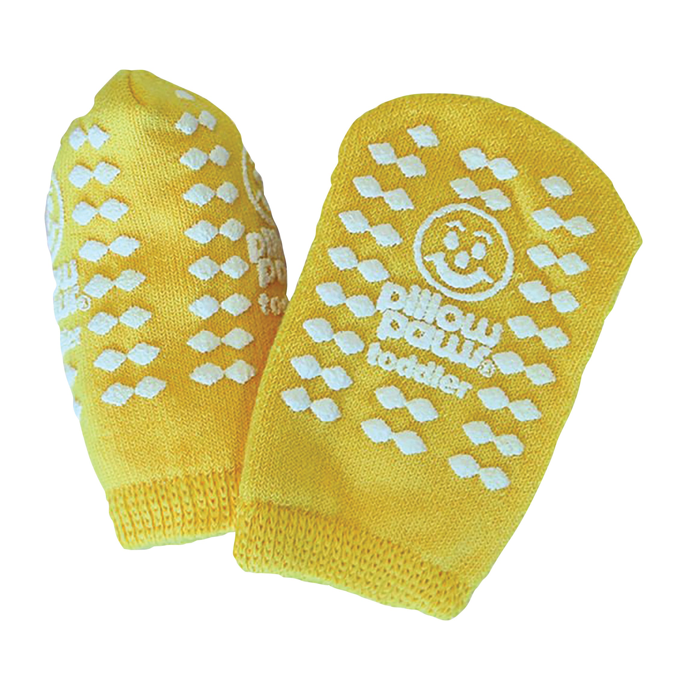 Yellow Pillow Paws Double Print Risk-Alert Socks with white grip patterns and a smiley face logo for toddlers.