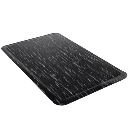 Black marble-style rubber anti-fatigue mat with a textured finish and rounded edges.