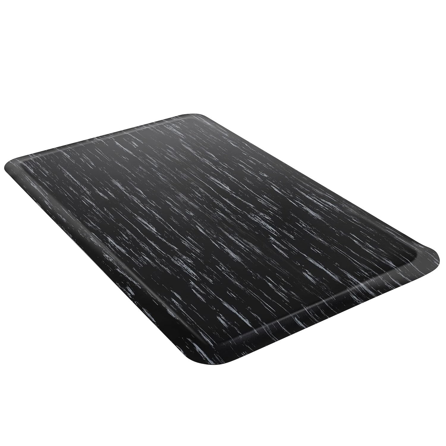 Black marble-style rubber anti-fatigue mat with a textured pattern and beveled edges, viewed from a side angle.