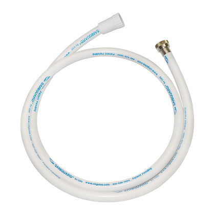 White Hose for Encore SaniShower Eco-Friendly Hand Shower with blue text. It has threaded ends for connection.