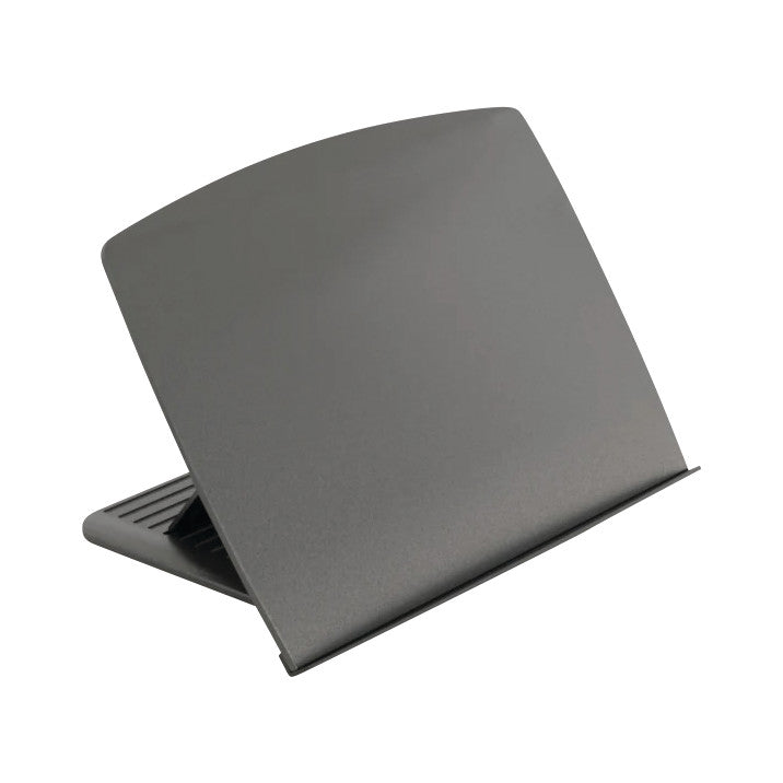 A gray Rite-In-Line Document Holder with an angled design, featuring a tilted surface for holding papers upright.